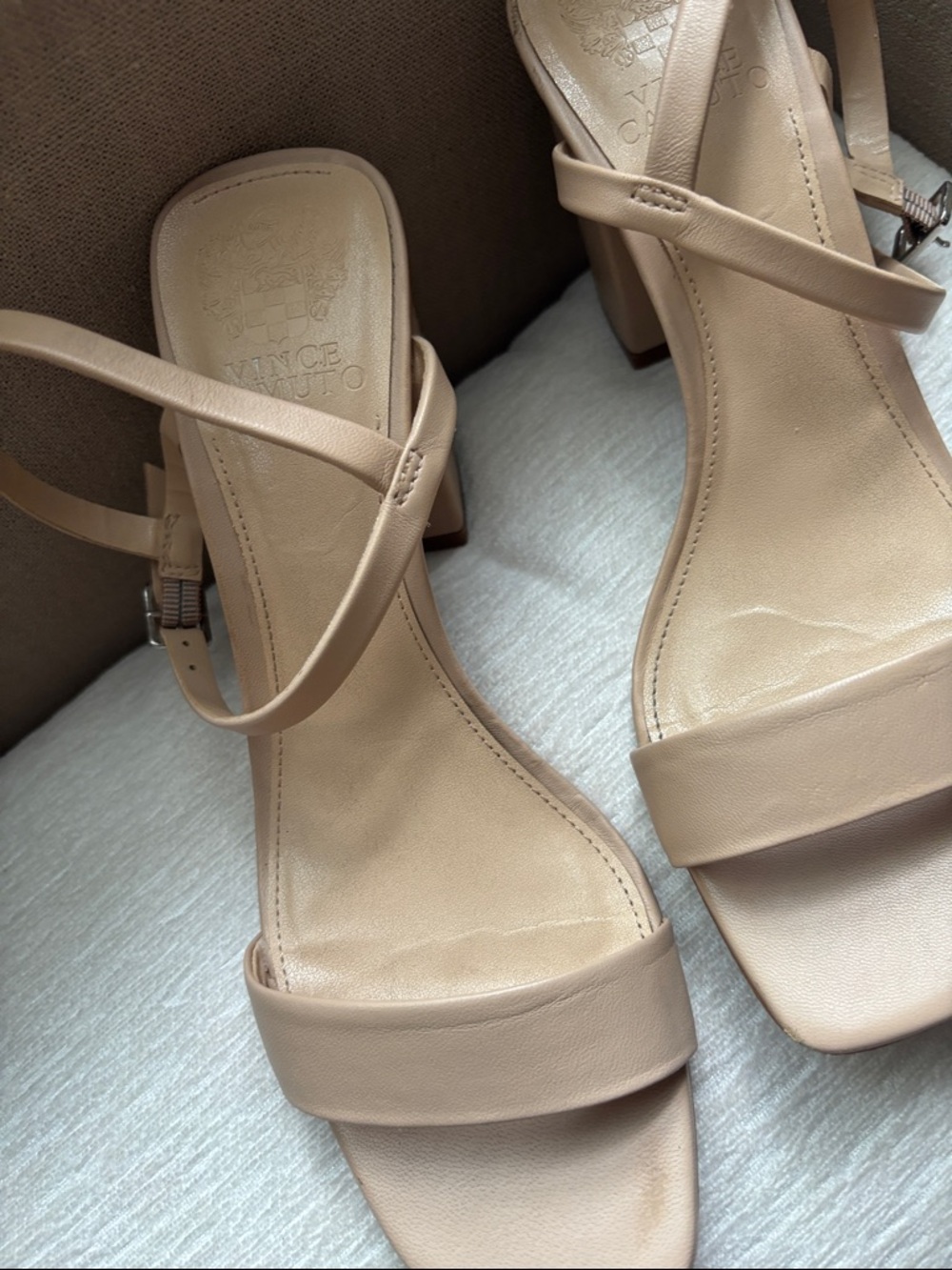 Vince Camuto Beige Leather Block Heel Sandals
